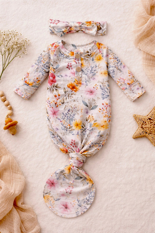 Garden Medley knotted gown and headband set. Baby in Styles