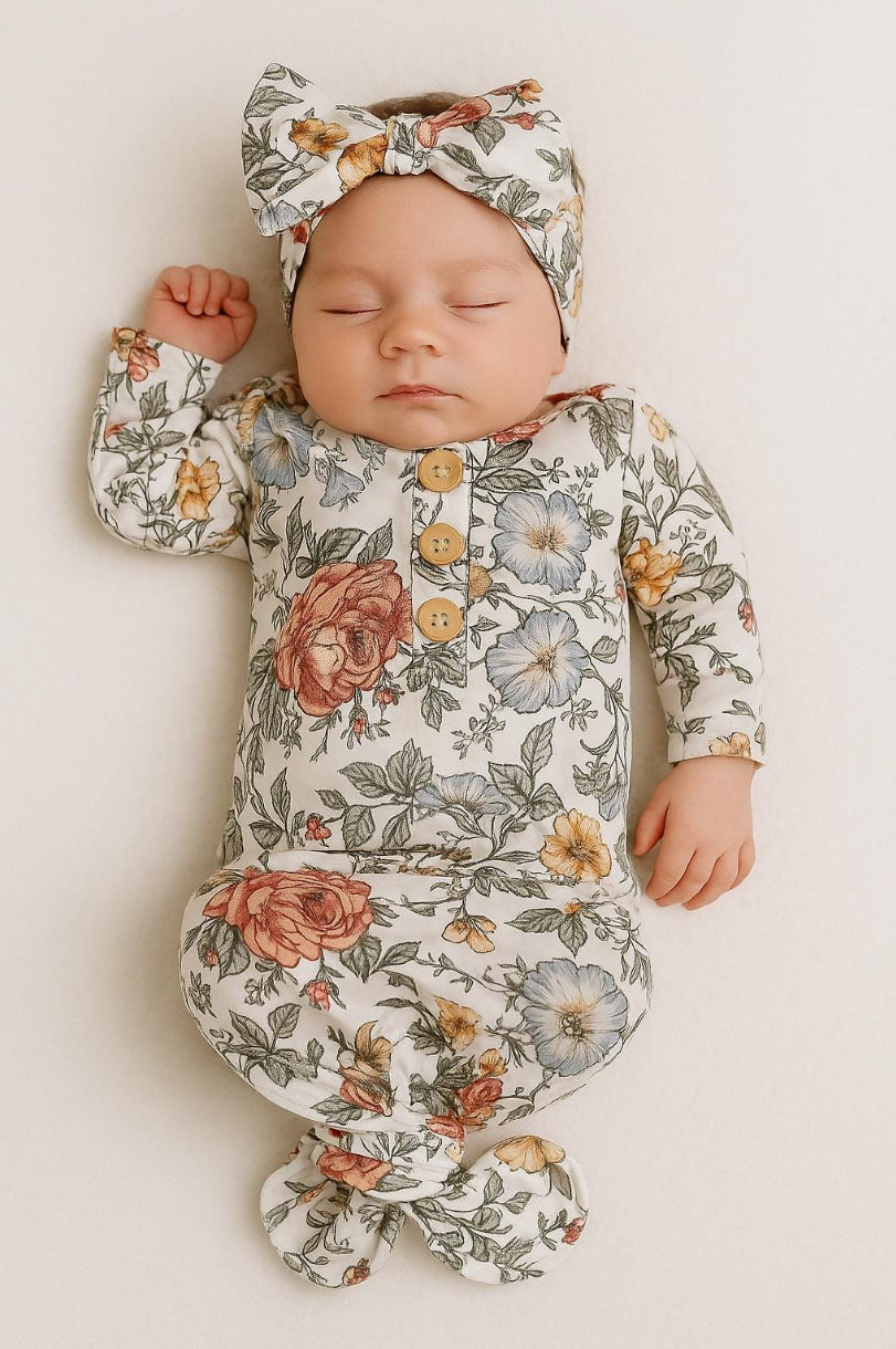 Vintage flowers newborn gown and headband set 0-3mo Baby in Styles