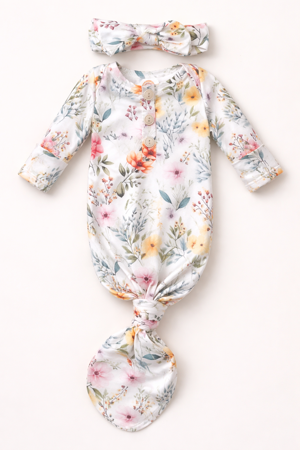 Garden Medley knotted gown and headband set. Baby in Styles