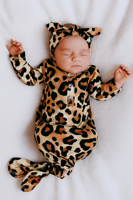 Ultra soft Leopard knotted gown and headband set Baby in Styles
