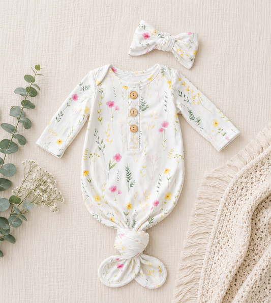 Wild flowers knotted gown and bow set 0-3mo Baby in Styles