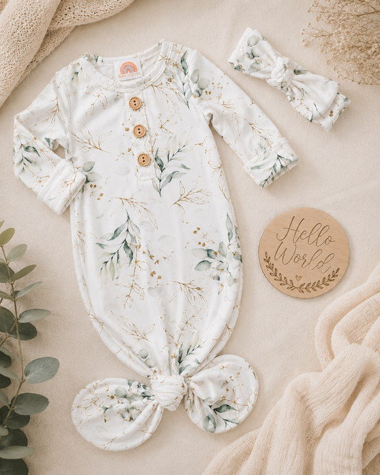 Knotted Baby Gown & Bow set, Eucalyptus-print (Newborn-3 Months Baby in Styles