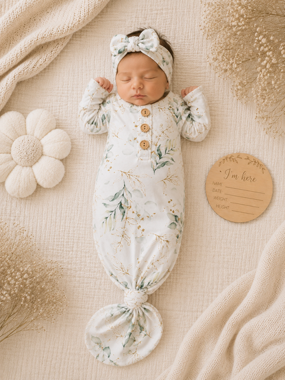 Knotted Baby Gown & Bow set, Eucalyptus-print (Newborn-3 Months Baby in Styles
