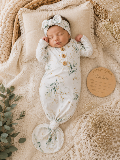 Knotted Baby Gown & Bow set, Eucalyptus-print (Newborn-3 Months Baby in Styles