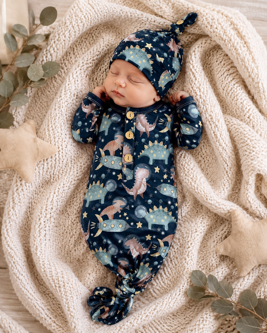 Dino Astronaut knotted gown and hat set 0-3mo Baby in Styles