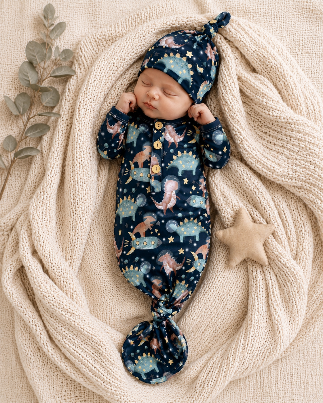 Dino Astronaut knotted gown and hat set 0-3mo Baby in Styles