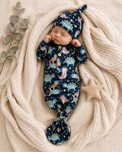Dino Astronaut knotted gown and hat set 0-3mo Baby in Styles