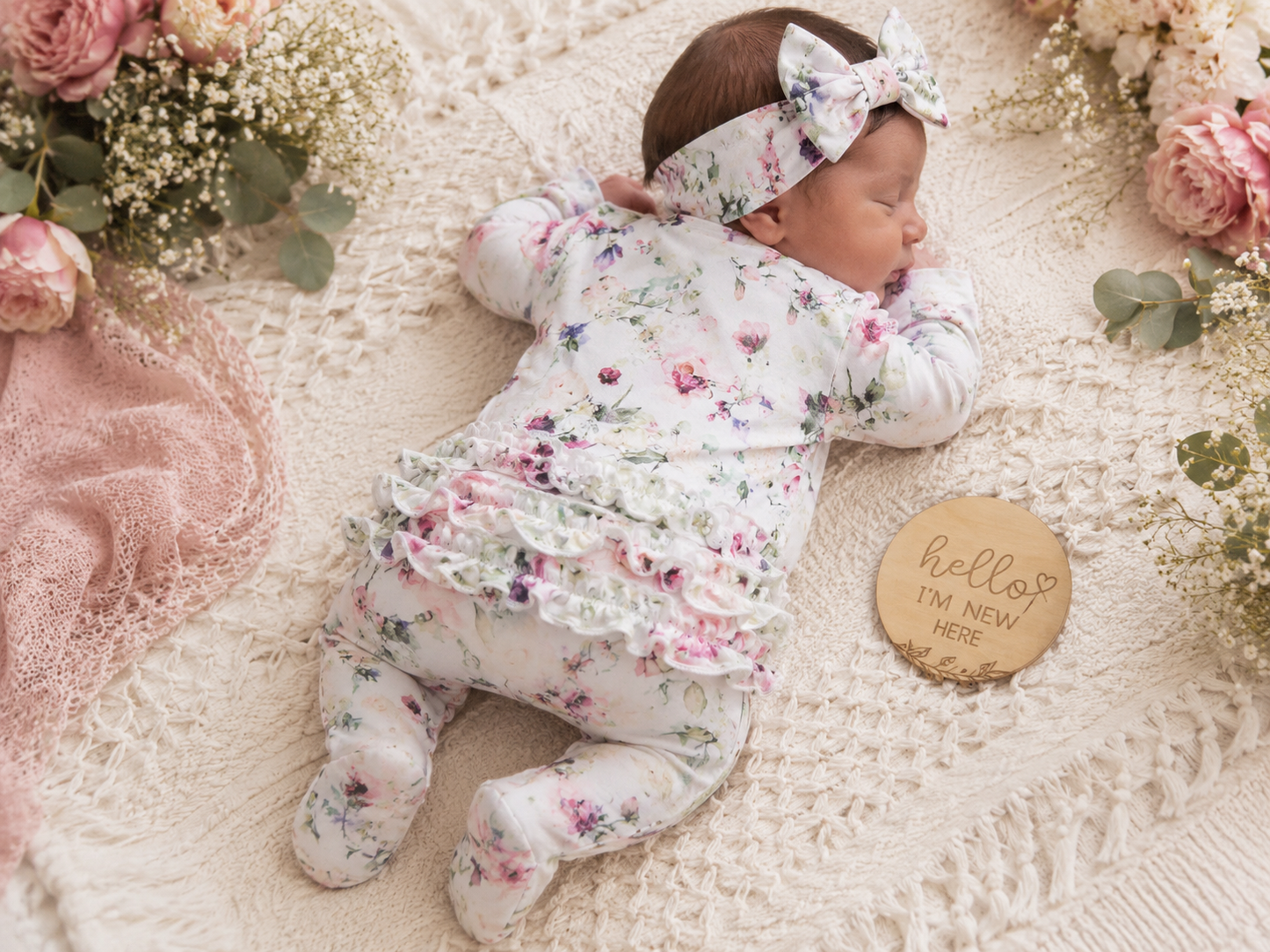 Peony gardens ruffle footie and Headband set. Baby in Styles