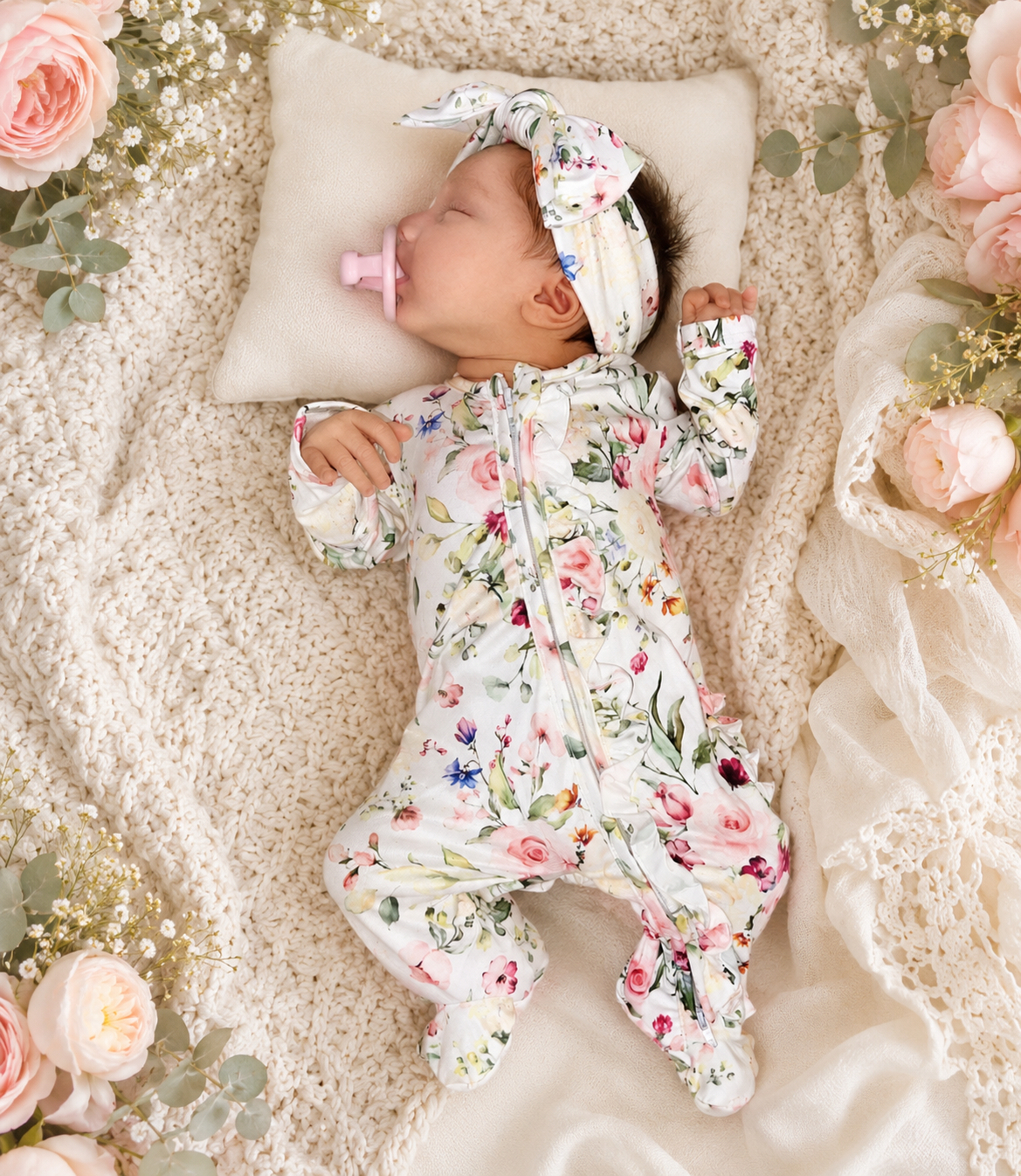 Peony gardens ruffle footie and Headband set. Baby in Styles