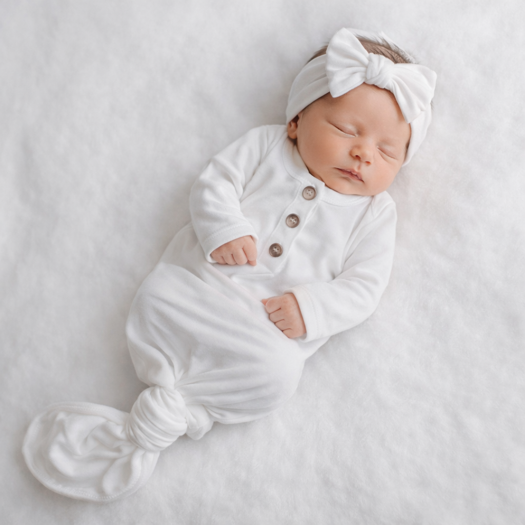 Knotted Baby Gown and Hat Set (Newborn - 3 mo.) - White Baby in Styles
