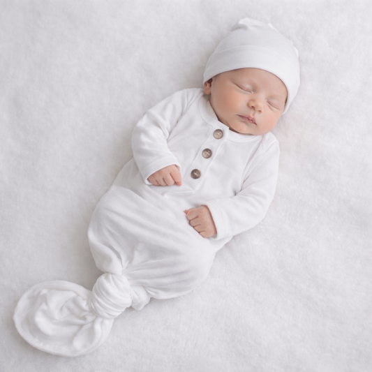 Knotted Baby Gown and Hat Set (Newborn - 3 mo.) - White Baby in Styles