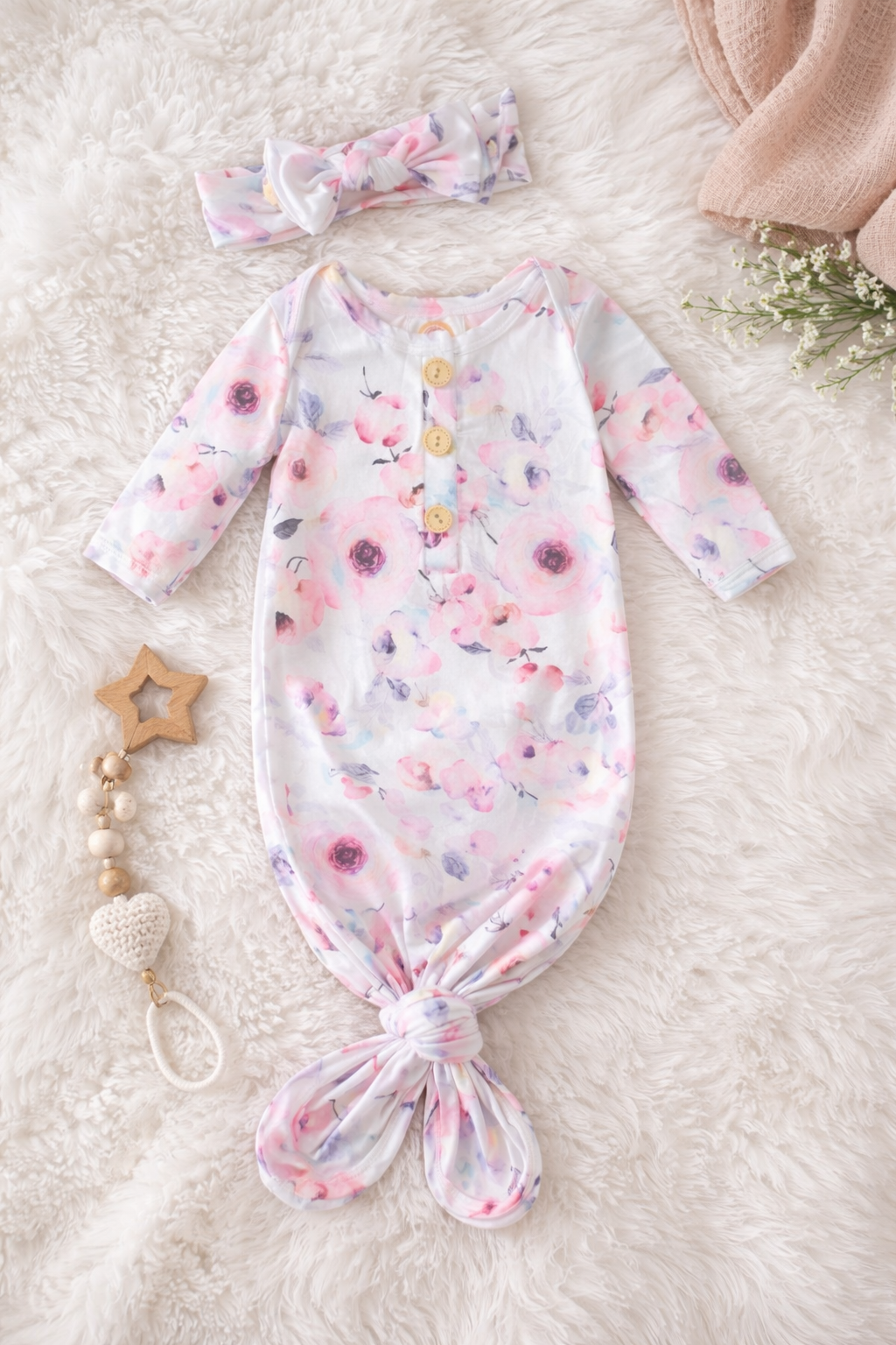 Baby in styles floral knotted gown and bow set Baby in Styles