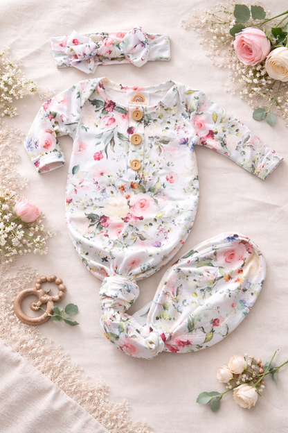 Ultra Soft Floral gardens knotted gown and bow set 0-3months Baby in Styles