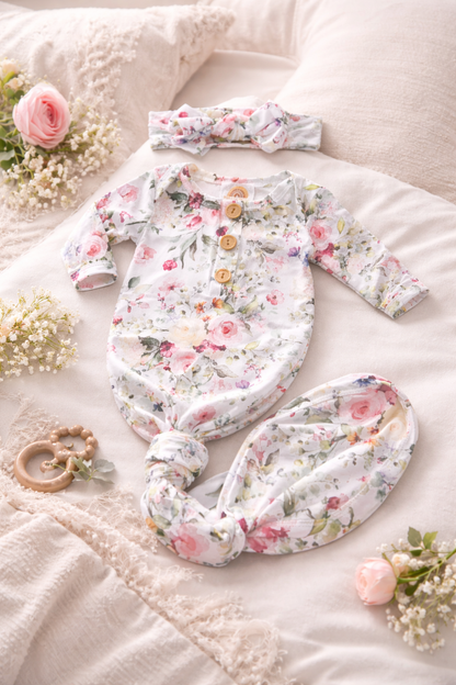 Ultra Soft Floral gardens knotted gown and bow set 0-3months Baby in Styles