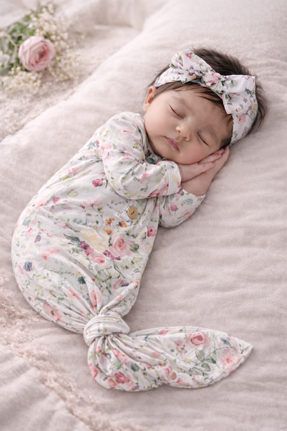 Ultra Soft Floral gardens knotted gown and bow set 0-3months Baby in Styles