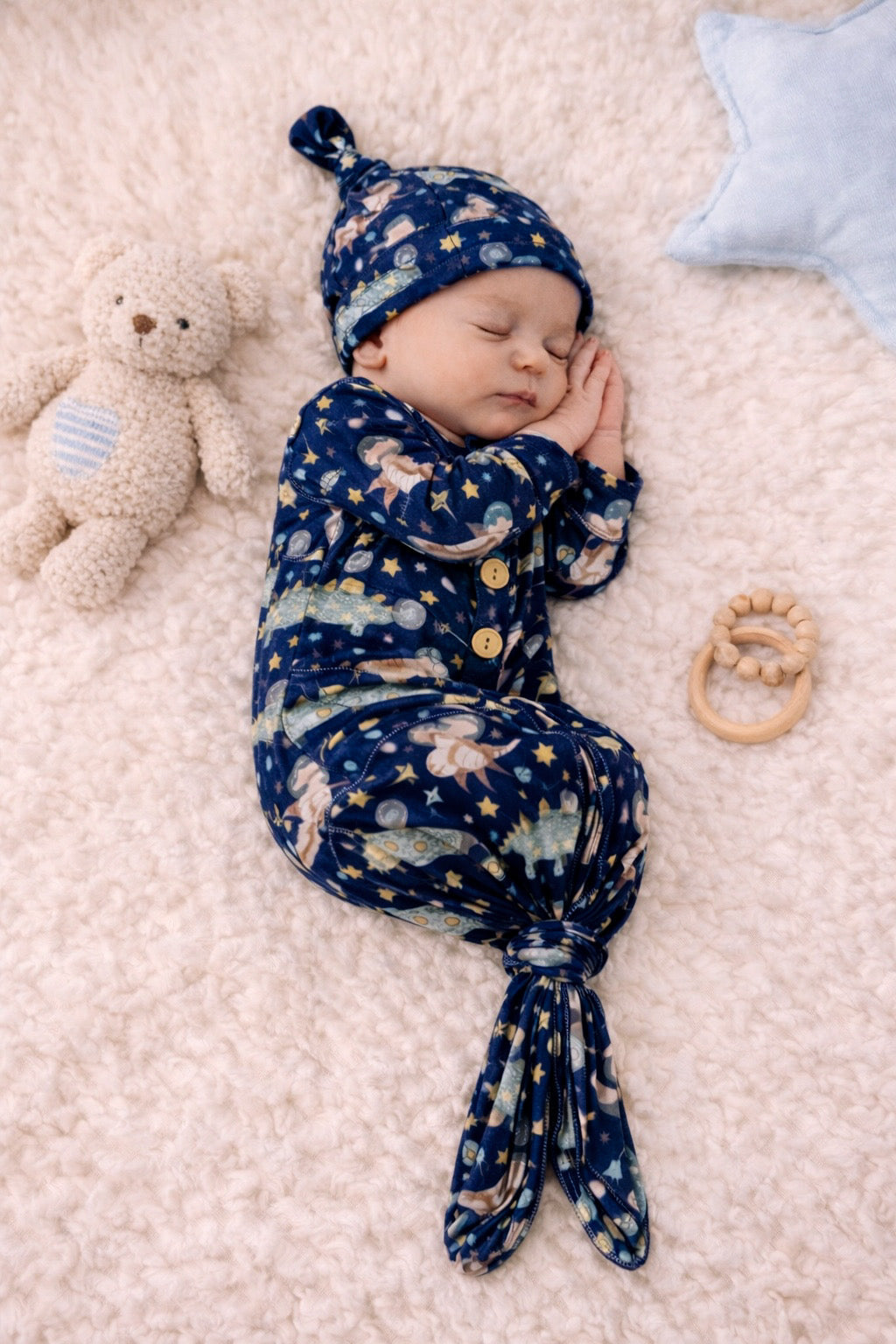 Dino Astronaut knotted gown and hat set 0-3mo Baby in Styles