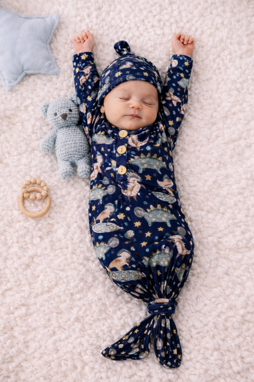 Dino Astronaut knotted gown and hat set 0-3mo Baby in Styles