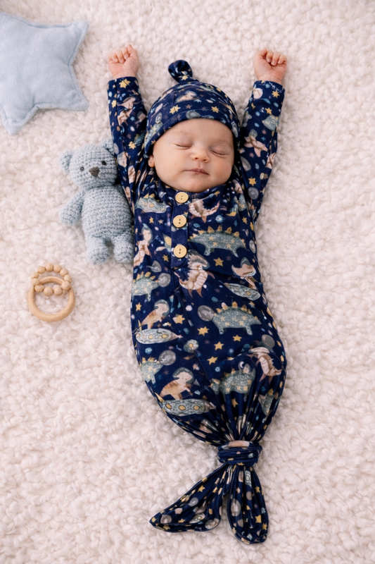 Dino Astronaut knotted gown and hat set 0-3mo Baby in Styles