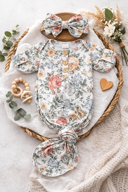 Vintage flowers newborn gown and headband set 0-3mo Baby in Styles