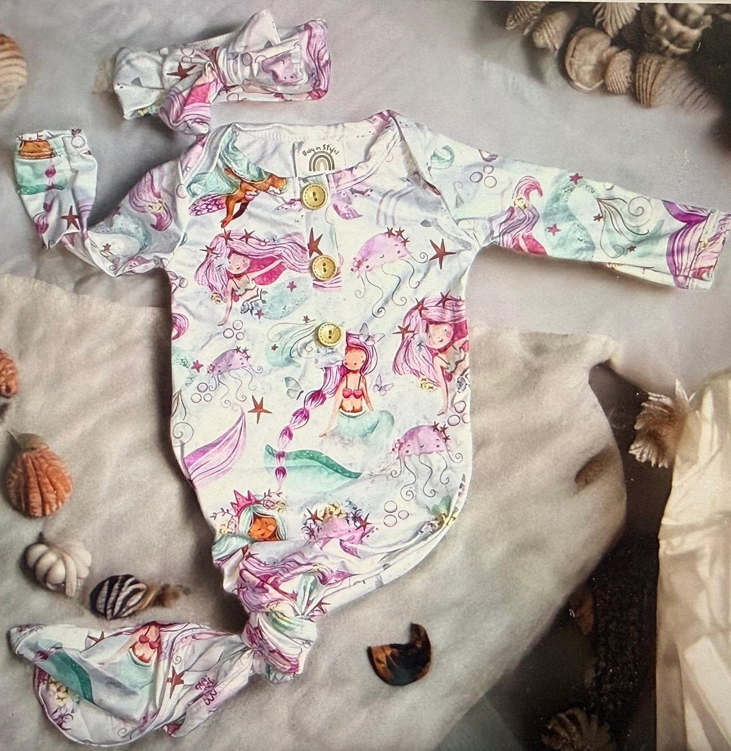 Mermaid and sea friends baby knotted gown 0-3mo Baby in Styles