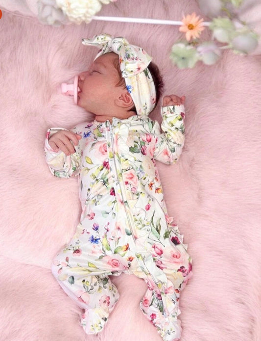 Sunflowers ruffle footie and Headband set. (Copy) Baby in Styles