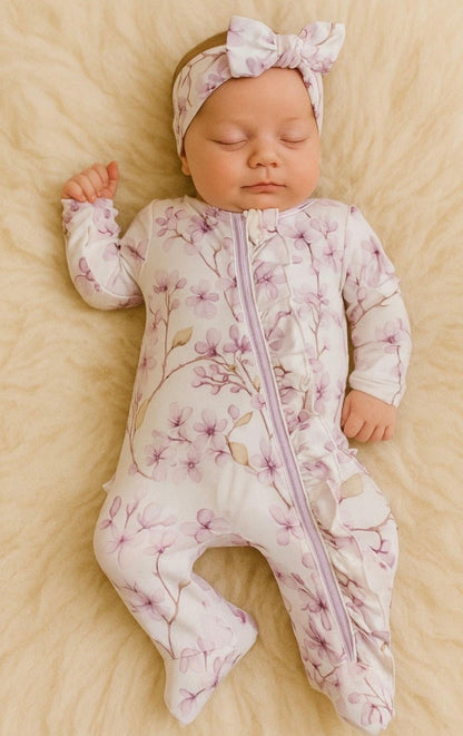 Dainty ruffle footie newborn and matching headband set Baby in Styles
