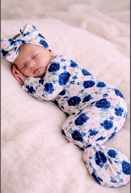 Blue garden knotted gown and matching headband set 0-3mo Baby in Styles