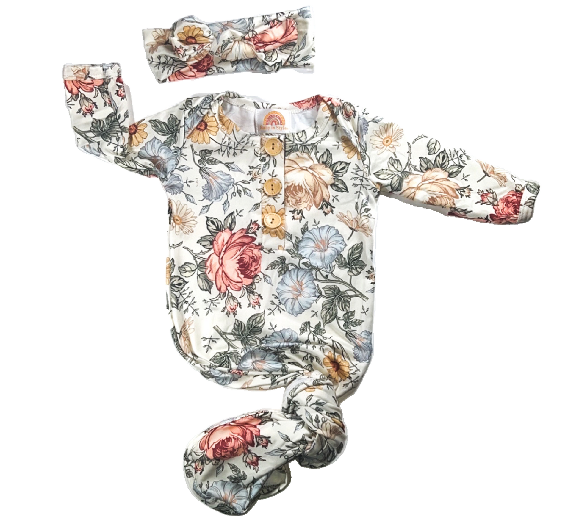 Vintage flowers newborn gown and headband set Baby in Styles