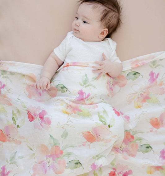 Bamboo Muslin Swaddle Blankets - Pink & Gold Floral Honey Lemonade