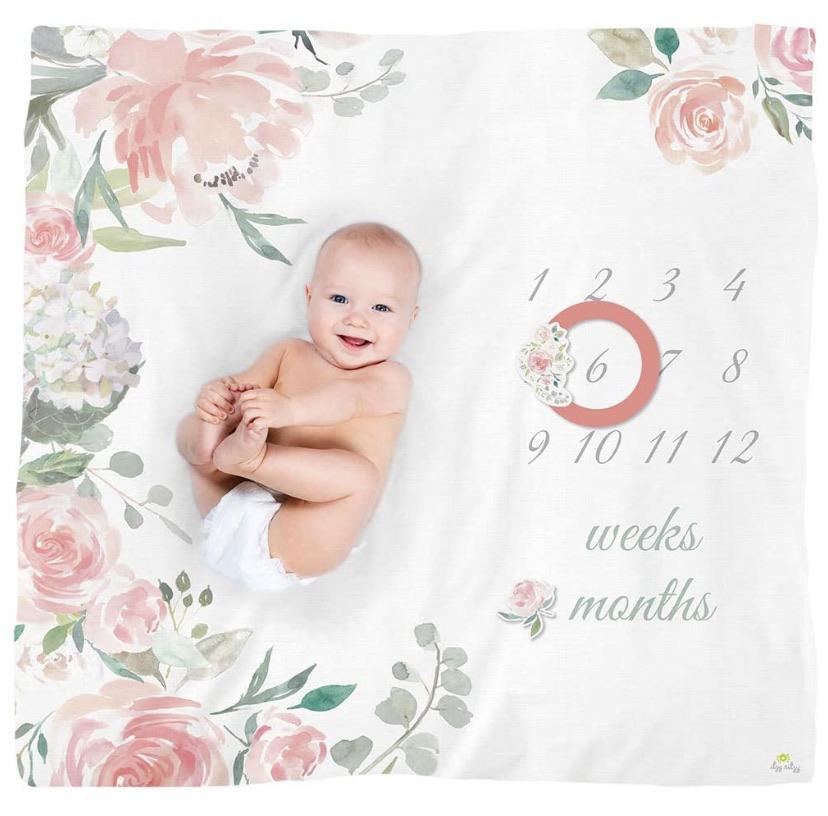 Itzy Ritzy Muslin Milestone Blanket Set; Includes One Blanket and Two Date Markers; Capture Weekly and Monthly Infant Milestones, Floral Baby in Styles