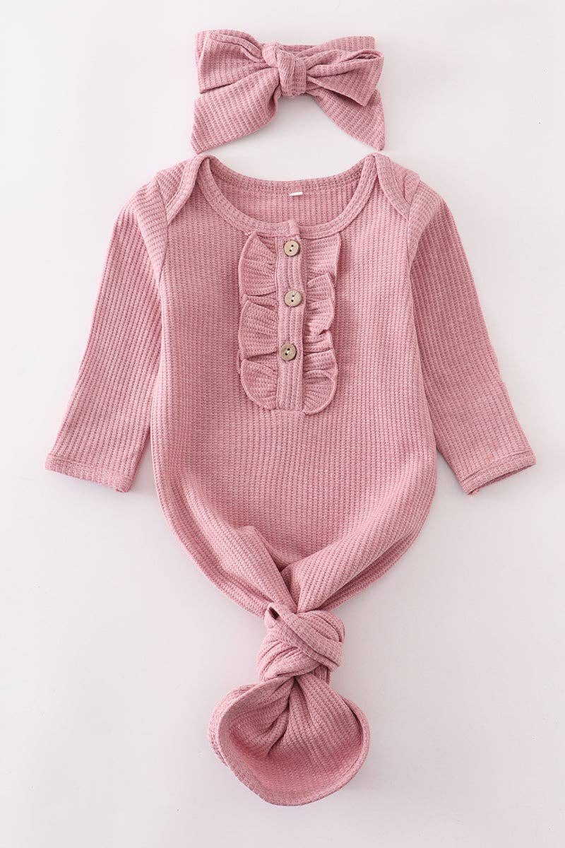 Mauve waffle ribbed knot baby gown set Honeydew
