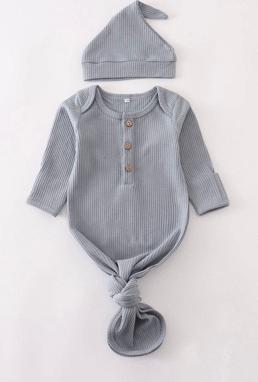 Blue Waffle ribbed knot baby gown set 0-6mo Baby in Styles
