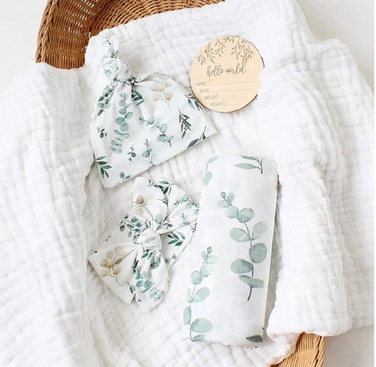 4 piece set 100% Organic Muslin Blanket "Eucalyptus"  Muslin Swaddle Set with Matching Hat, bow and Wooden Birt Announcement Baby in Styles