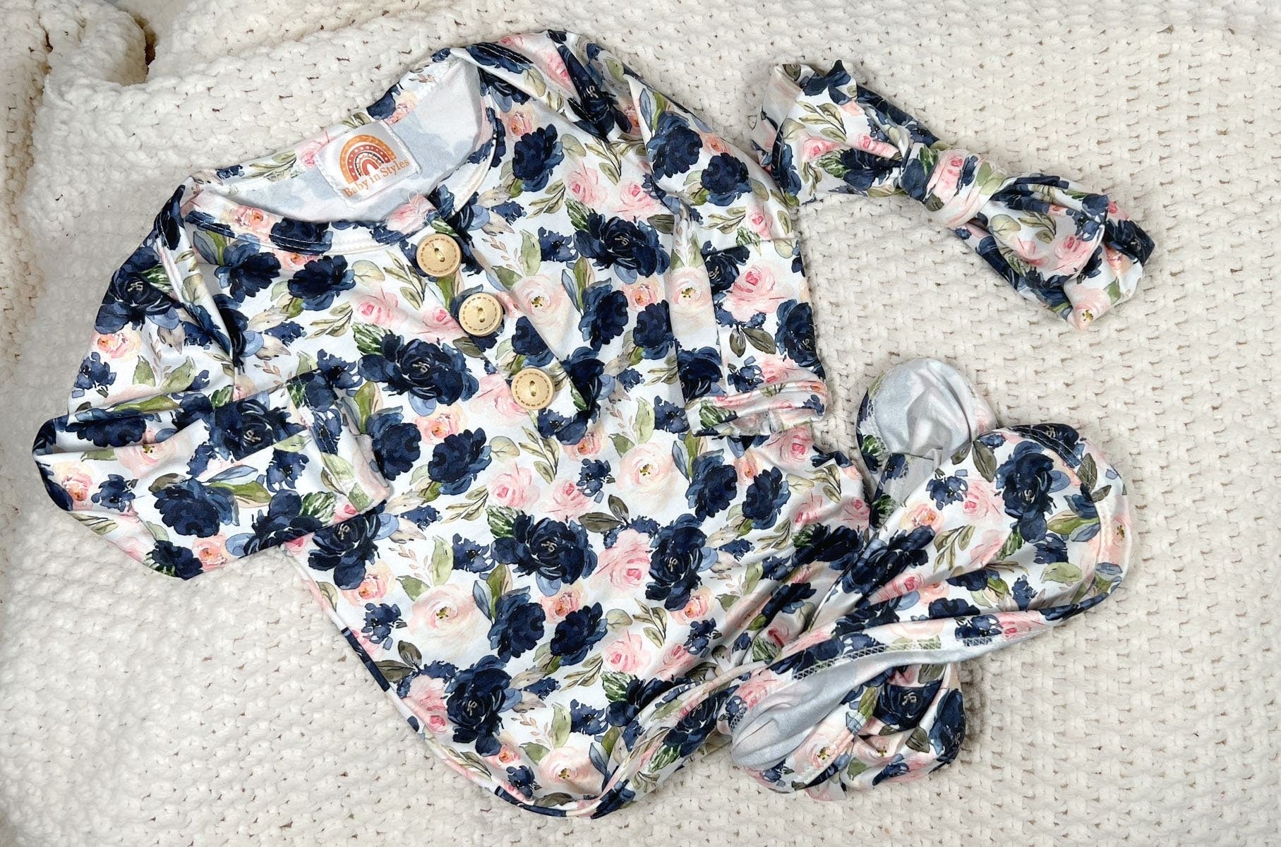 Blue garden knotted gown and matching headband set Baby in Styles