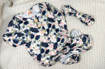 Blue garden knotted gown and matching headband set Baby in Styles