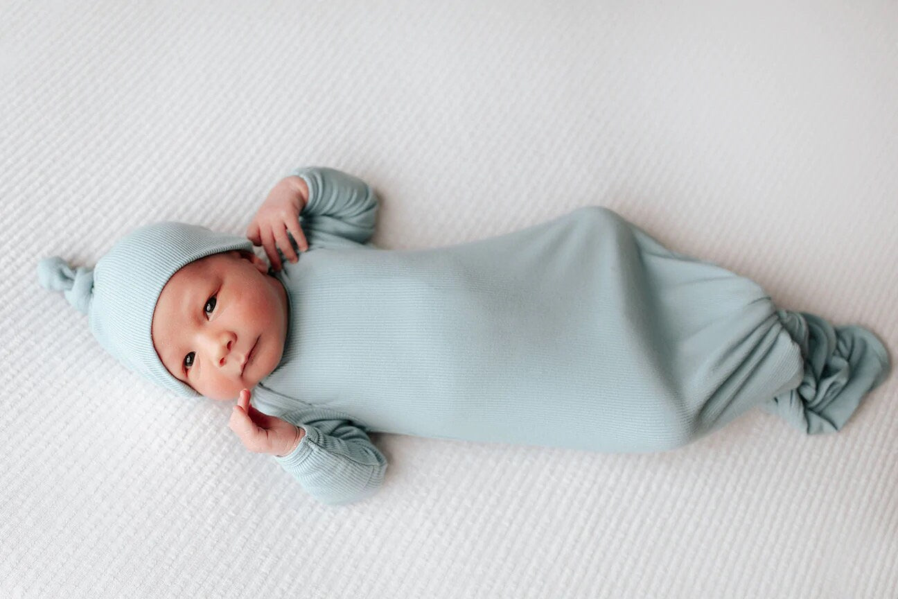 Baby blue Ribbed Knotted Gown and hat Baby in Styles