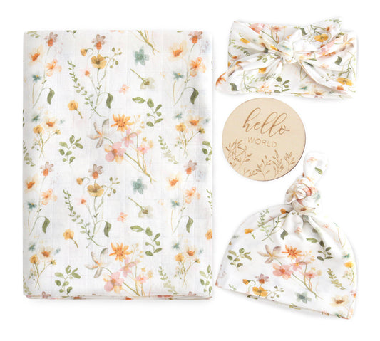 4 piece set 100% Organic Muslin Blanket Floral garden Muslin Swaddle Set with Matching Hat, bow and Wooden welcome world sign Baby in Styles
