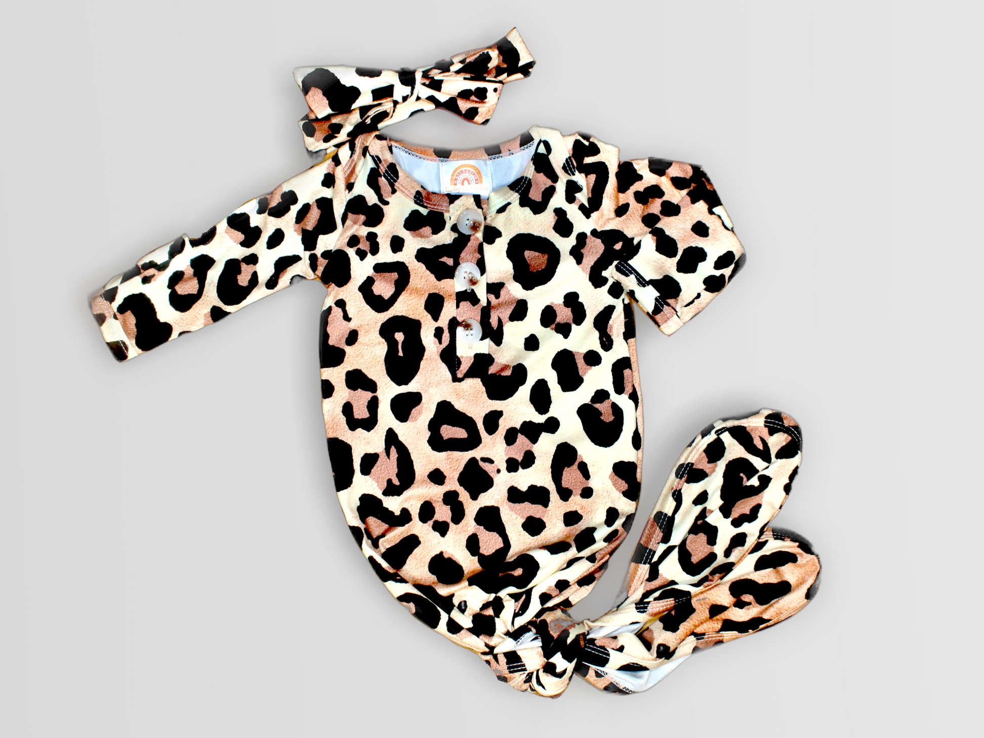 Ultra soft Leopard knotted gown and headband set Baby in Styles