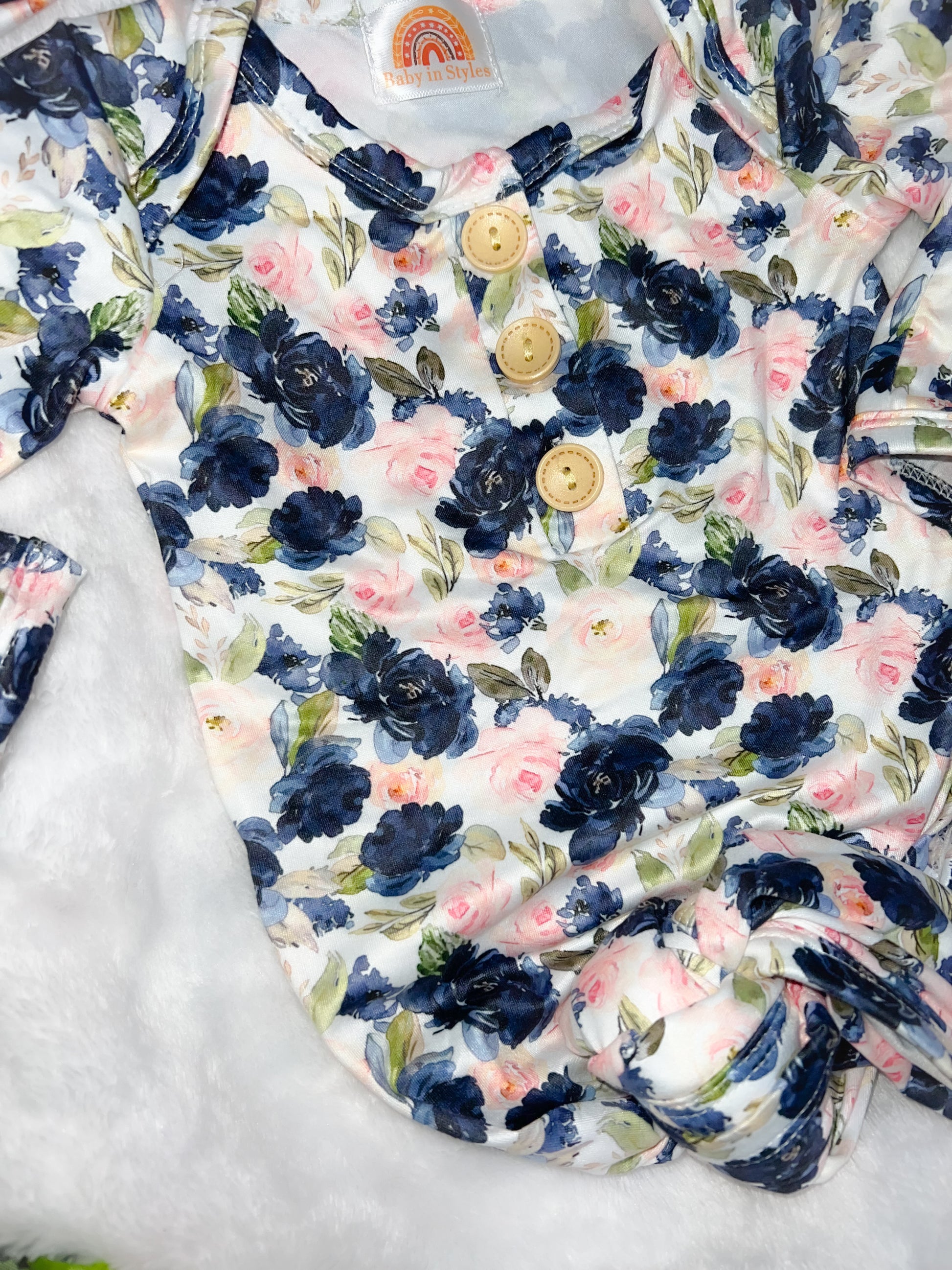 Blue garden knotted gown and matching headband set Baby in Styles