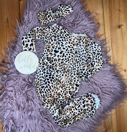 Leopard knotted gown and hairband set Baby in Styles