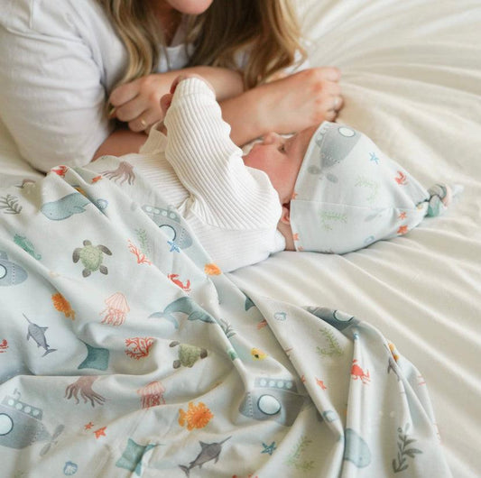 Extra Soft Stretchy Knit Swaddle Blanket: Underwater Adventure Village Baby