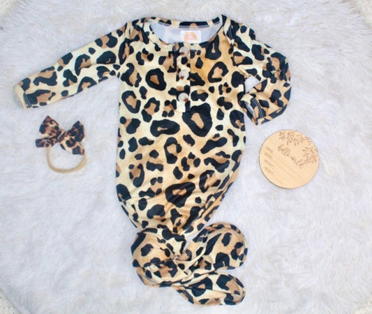 Ultra soft Leopard knotted gown and headband set Baby in Styles