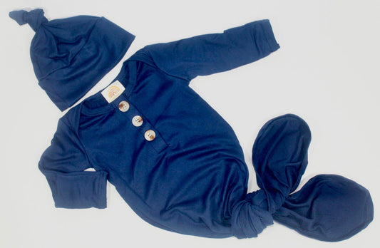 Knotted Baby Gown and Hat Set (Newborn - 3 mo.) - Navy Blue Baby in Styles