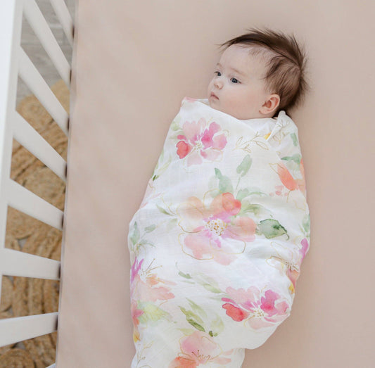 Bamboo Muslin Swaddle Blankets - Pink & Gold Floral Honey Lemonade